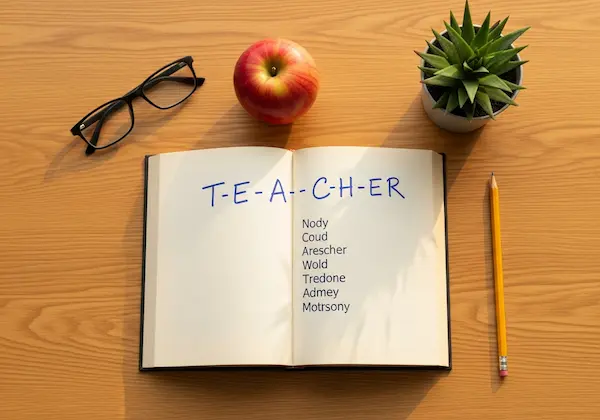 Appreciation poem spelling out TEACHER on a chalkboard background