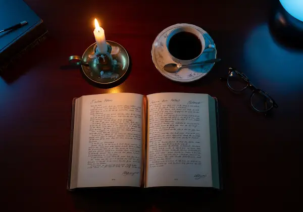 Vintage books and a candle in a library
