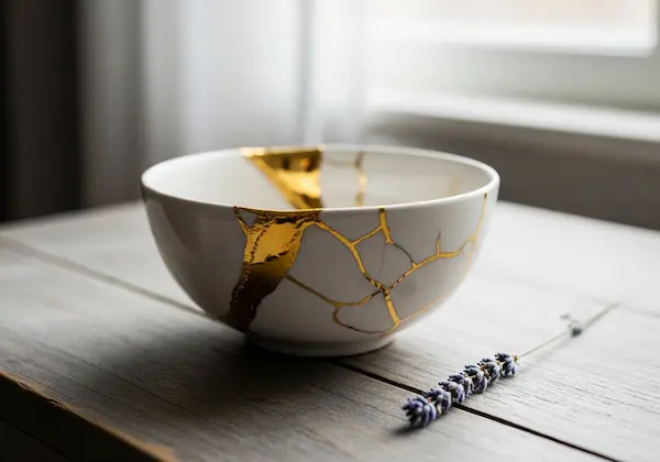 Broken kintsugi heart representing healing from grief