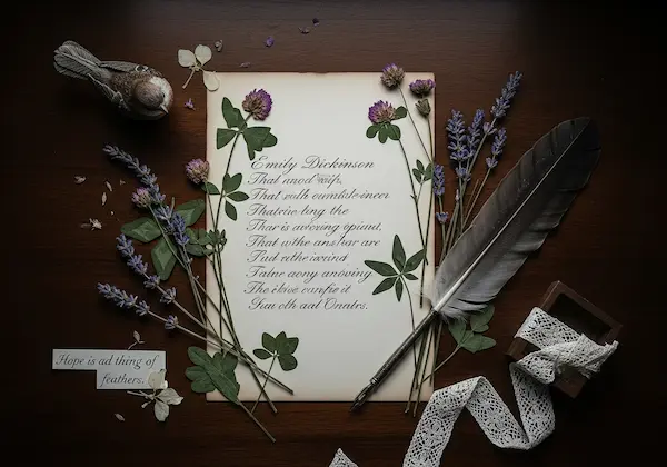 Vintage pressed flowers on parchment, evoking Emily Dickinson