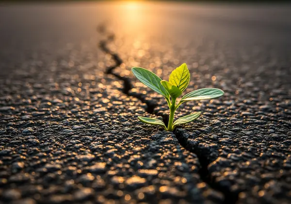 Green sprout growing through concrete pavement