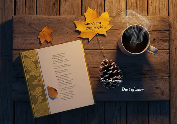 Snowy woods and a golden sunset representing Robert Frost
